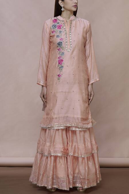 Buy_Abhi Singh_Peach Chanderi Silk Mandarin Collar Kurta Sharara Set _Online_at_Aza_Fashions
