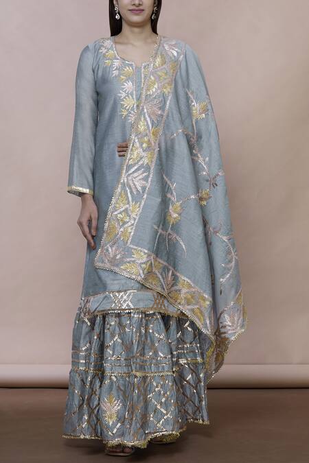 Abhi Singh_Grey Chanderi Silk Round Kurta Lehenga Set _Online_at_Aza_Fashions