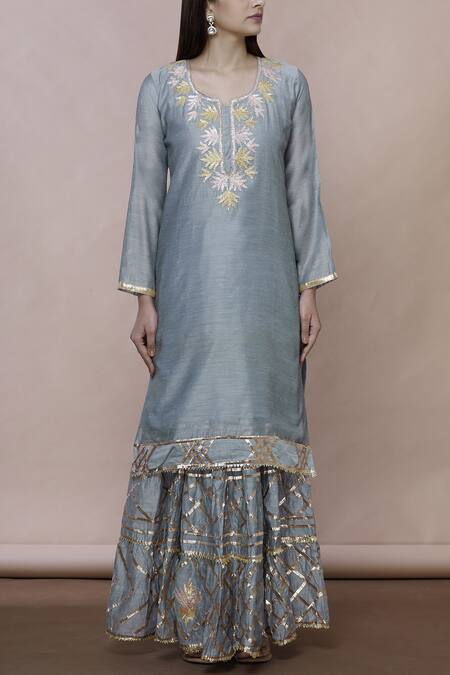 Buy_Abhi Singh_Grey Chanderi Silk Round Kurta Lehenga Set _Online_at_Aza_Fashions