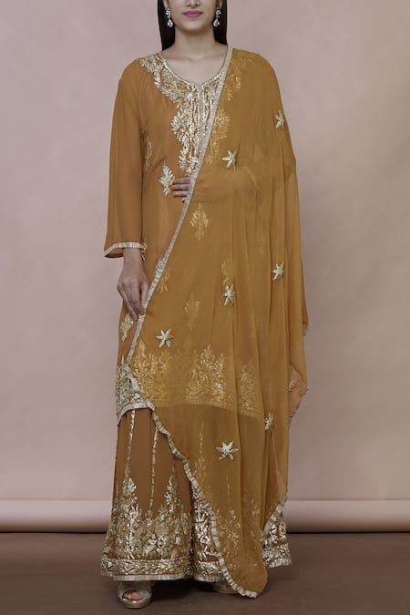 Abhi Singh_Yellow Georgette Round Embroidered Kurta Sharara Set _Online_at_Aza_Fashions
