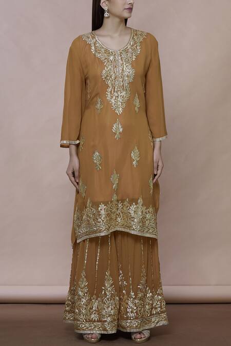Buy_Abhi Singh_Yellow Georgette Round Embroidered Kurta Sharara Set _Online_at_Aza_Fashions