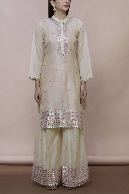 Buy_Abhi Singh_Beige Chanderi Mandarin Collar Embroidered Kurta Palazzo Set _Online_at_Aza_Fashions