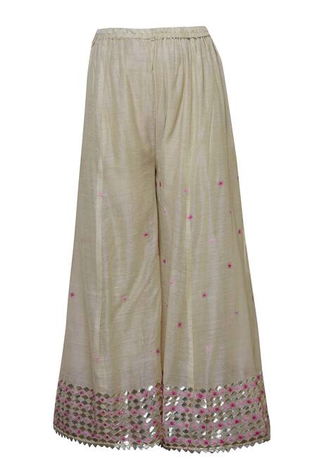 Shop_Abhi Singh_Beige Chanderi Mandarin Collar Embroidered Kurta Palazzo Set _Online_at_Aza_Fashions