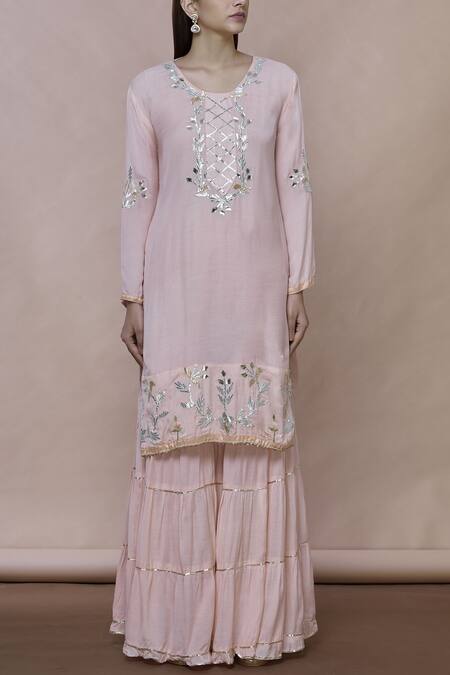 Buy_Abhi Singh_Peach Silk Round Kurta Sharara Set _Online_at_Aza_Fashions