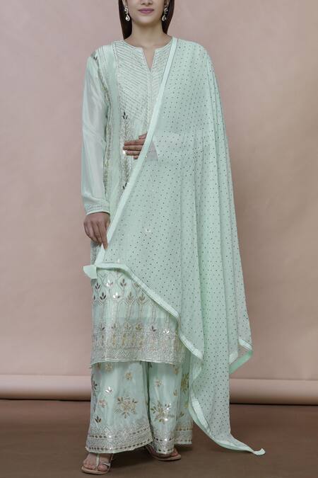 Abhi Singh_Green Silk Round Embroidered Kurta Palazzo Set _Online_at_Aza_Fashions