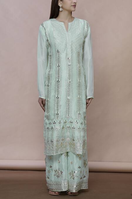Buy_Abhi Singh_Green Silk Round Embroidered Kurta Palazzo Set _Online_at_Aza_Fashions