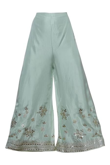 Shop_Abhi Singh_Green Silk Round Embroidered Kurta Palazzo Set _Online_at_Aza_Fashions