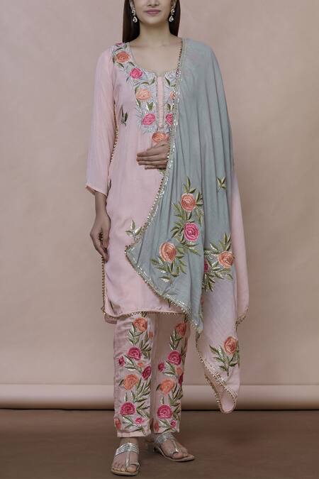 Abhi Singh_Pink Silk Round Embroidered Kurta Set _Online_at_Aza_Fashions