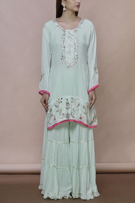 Buy_Abhi Singh_Green Silk Round Embroidered Kurta Sharara Set _Online_at_Aza_Fashions