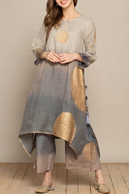 Kaveri_Grey Net Asymmetric Dyed Tunic_Online_at_Aza_Fashions