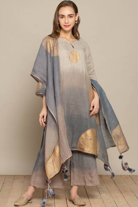 Buy_Kaveri_Grey Net Asymmetric Dyed Tunic_Online_at_Aza_Fashions