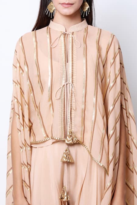 Shop_Nikasha_Beige Cape Mandarin Collar Asymmetric Dhoti Pant Set _Online_at_Aza_Fashions