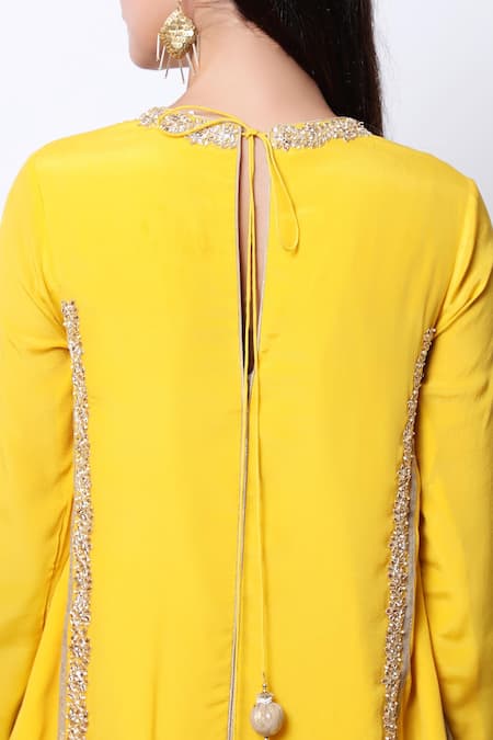 Shop_Nikasha_Beige Round Asymmetric Kurta Dhoti Pant Set _Online_at_Aza_Fashions