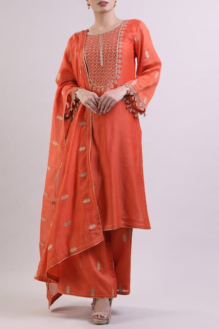 Surendri Orange Chanderi Round Kurta Palazzo Set