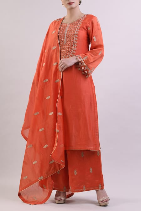Surendri_Orange Chanderi Round Kurta Palazzo Set_Online_at_Aza_Fashions