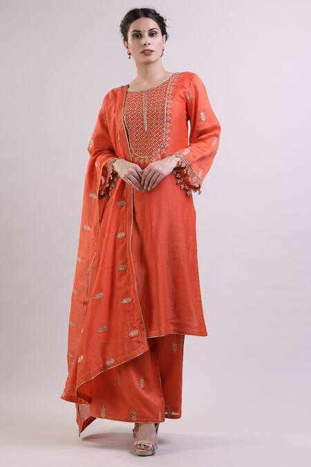 Buy_Surendri_Orange Chanderi Round Kurta Palazzo Set_Online_at_Aza_Fashions
