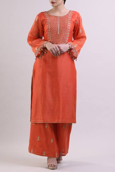 Shop_Surendri_Orange Chanderi Round Kurta Palazzo Set_Online_at_Aza_Fashions