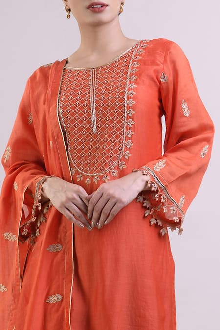 Surendri_Orange Chanderi Round Kurta Palazzo Set_at_Aza_Fashions