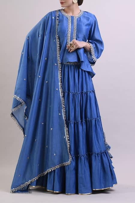 Surendri Blue Chanderi Round Kurta Lehenga Set 