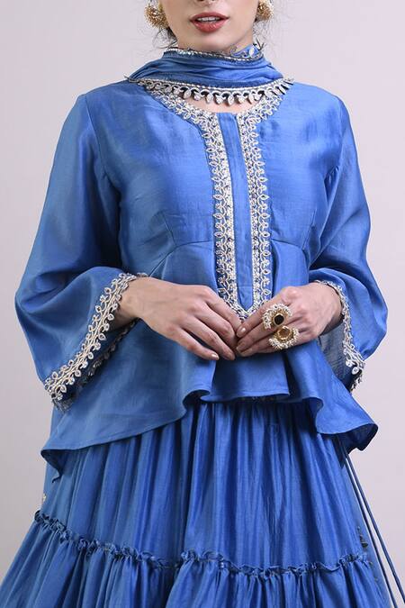 Surendri_Blue Chanderi Round Kurta Lehenga Set _at_Aza_Fashions