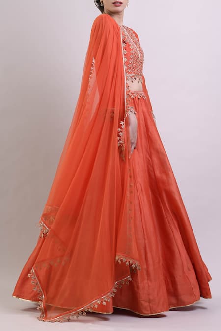 Surendri_Orange Chanderi Round Lehenga Set_Online_at_Aza_Fashions