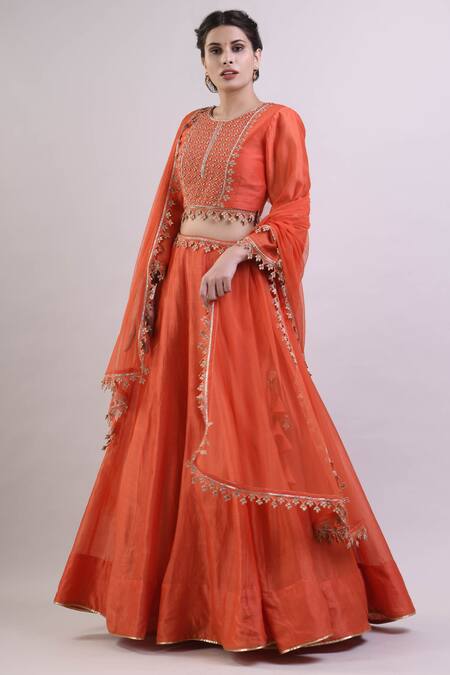 Buy_Surendri_Orange Chanderi Round Lehenga Set_Online_at_Aza_Fashions