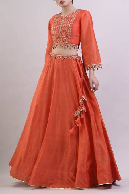 Shop_Surendri_Orange Chanderi Round Lehenga Set_Online_at_Aza_Fashions