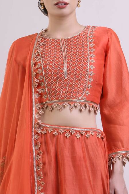 Surendri_Orange Chanderi Round Lehenga Set_at_Aza_Fashions