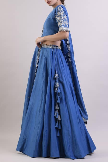 Surendri_Blue Chanderi Round Lehenga Set_Online_at_Aza_Fashions