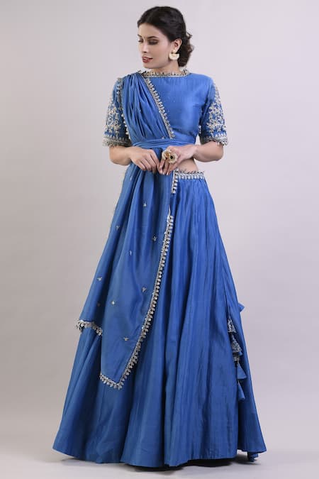 Buy_Surendri_Blue Chanderi Round Lehenga Set_Online_at_Aza_Fashions