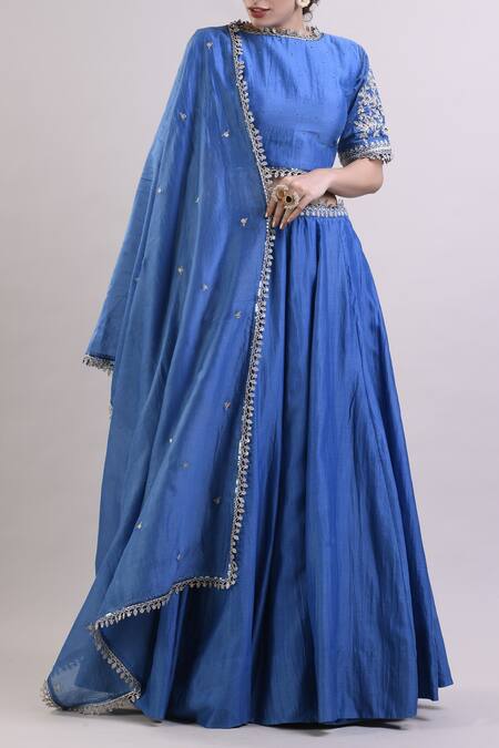 Shop_Surendri_Blue Chanderi Round Lehenga Set_Online_at_Aza_Fashions