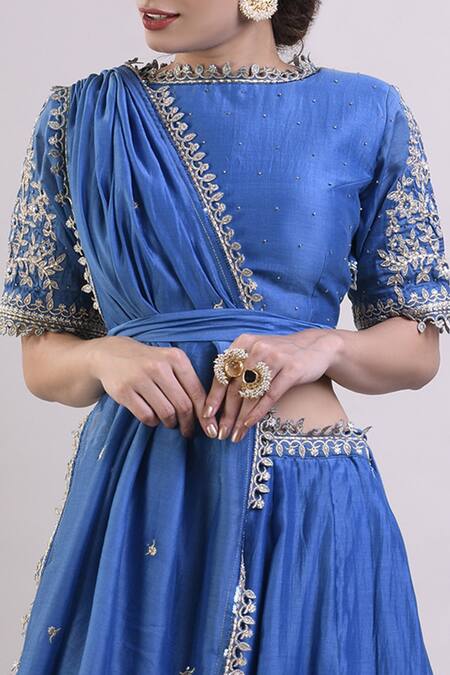 Surendri_Blue Chanderi Round Lehenga Set_at_Aza_Fashions
