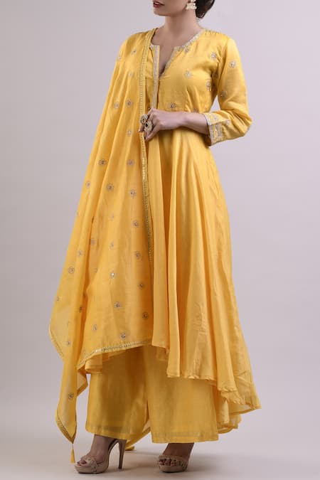 Surendri Yellow Chanderi Round Anarkali Set 