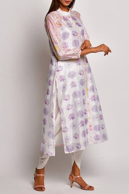 Swati Vijaivargie_Off White Chanderi Band Printed Kurta And Dhoti Pant Set_Online_at_Aza_Fashions
