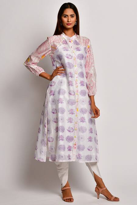 Buy_Swati Vijaivargie_Off White Chanderi Band Printed Kurta And Dhoti Pant Set_Online_at_Aza_Fashions