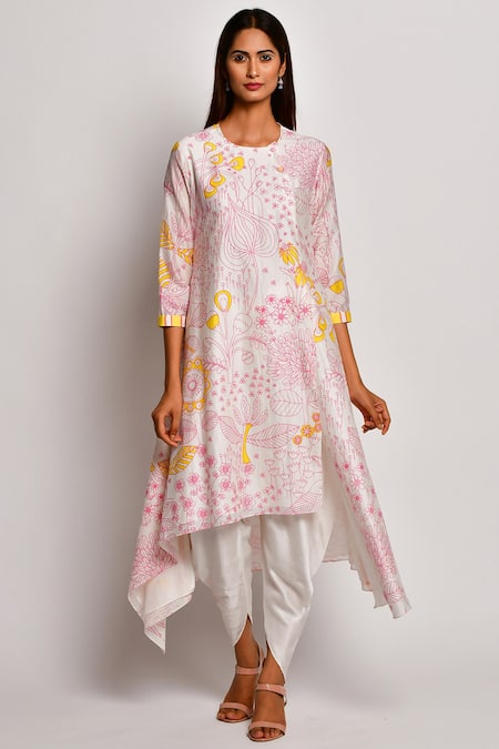 Buy_Swati Vijaivargie_Pink Chanderi Round Kurta With Dhoti Pant_Online_at_Aza_Fashions