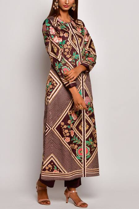 Swati Vijaivargie_Brown Linen Satin Round Printed Kurta _Online_at_Aza_Fashions