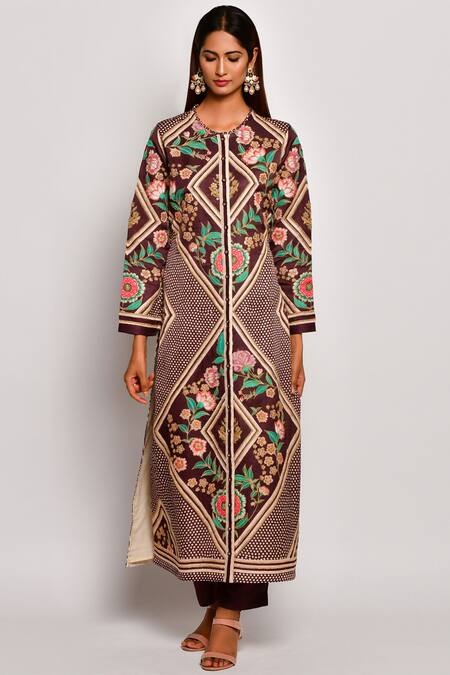 Buy_Swati Vijaivargie_Brown Linen Satin Round Printed Kurta _Online_at_Aza_Fashions