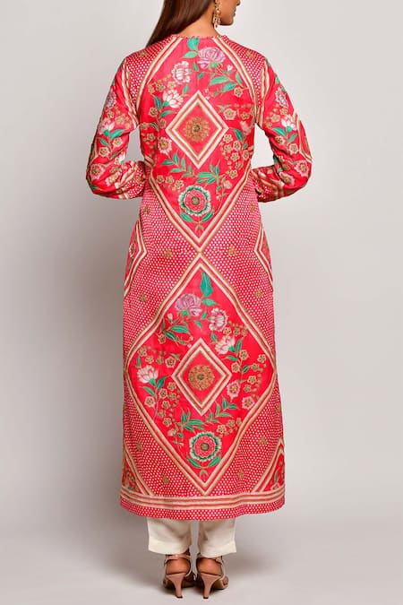 Shop_Swati Vijaivargie_Red Linen Satin Round Printed Kurta _at_Aza_Fashions