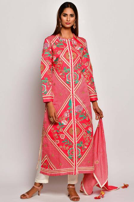 Buy_Swati Vijaivargie_Red Linen Satin Round Printed Kurta _Online_at_Aza_Fashions