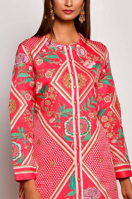 Shop_Swati Vijaivargie_Red Linen Satin Round Printed Kurta _Online_at_Aza_Fashions