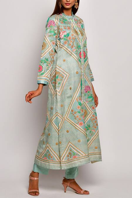 Swati Vijaivargie_Green Linen Satin Mandarin Collar Printed Kurta _Online_at_Aza_Fashions