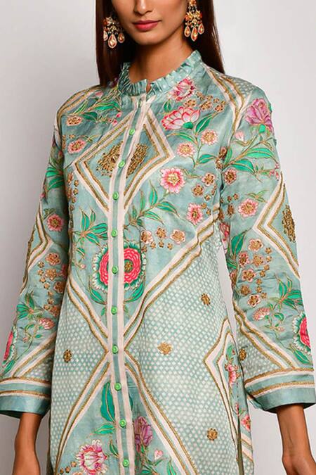 Swati Vijaivargie_Green Linen Satin Mandarin Collar Printed Kurta _at_Aza_Fashions