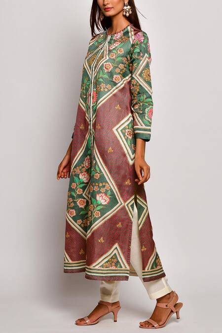 Swati Vijaivargie_Green Linen Satin Round Printed Kurta _Online_at_Aza_Fashions