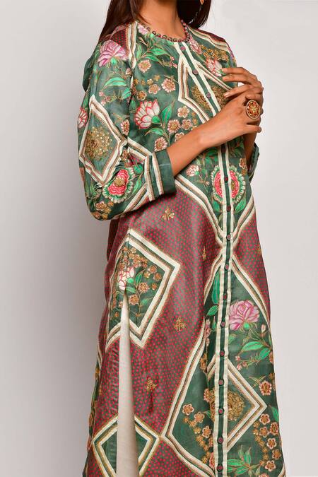 Shop_Swati Vijaivargie_Green Linen Satin Round Printed Kurta _Online_at_Aza_Fashions
