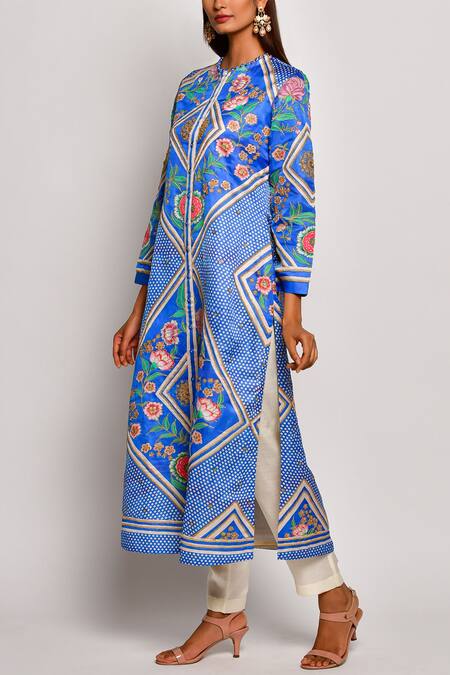 Swati Vijaivargie_Blue Linen Satin Round Printed Kurta _Online_at_Aza_Fashions