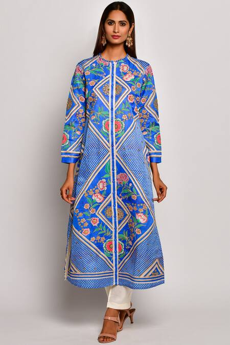 Buy_Swati Vijaivargie_Blue Linen Satin Round Printed Kurta _Online_at_Aza_Fashions
