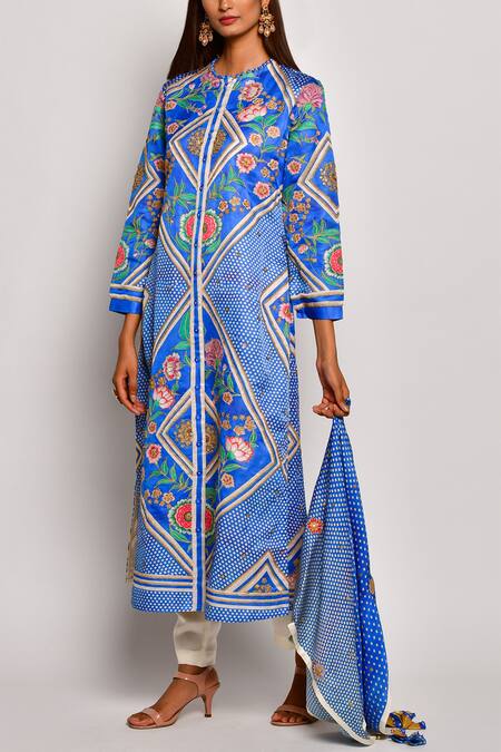 Shop_Swati Vijaivargie_Blue Linen Satin Round Printed Kurta _Online_at_Aza_Fashions