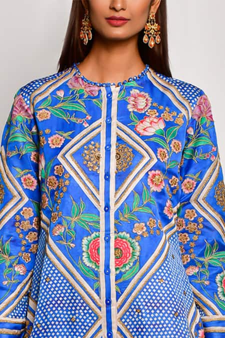 Swati Vijaivargie_Blue Linen Satin Round Printed Kurta _at_Aza_Fashions