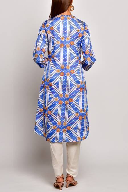 Shop_Swati Vijaivargie_Blue Linen Satin Round Printed Kurta Dhoti Pant Set _at_Aza_Fashions